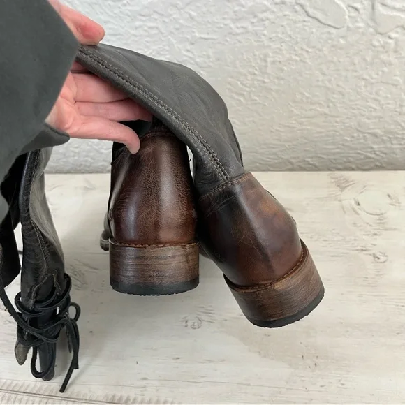 Bed Stu Boots Leather Manchester Knee Hi Lace up Brown Black Distressed 8.5